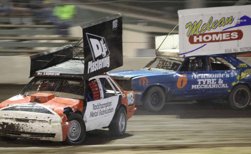 DJ Lennon leads Jeff Ohl into a corner in a Super Stockers heat at Rockhampton Speedway during a recent meeting at the Showgrounds. DJ Lennon leads Jeff Ohl into a corner in a Super Stockers heat at Rockhampton Speedway during a recent meeting at the Showgrounds.